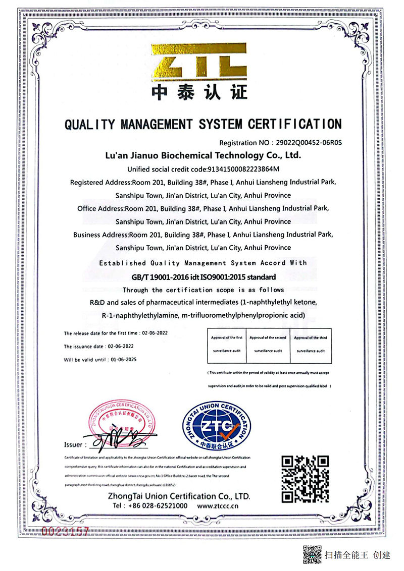 Liuan JiaNuo quality management system certification